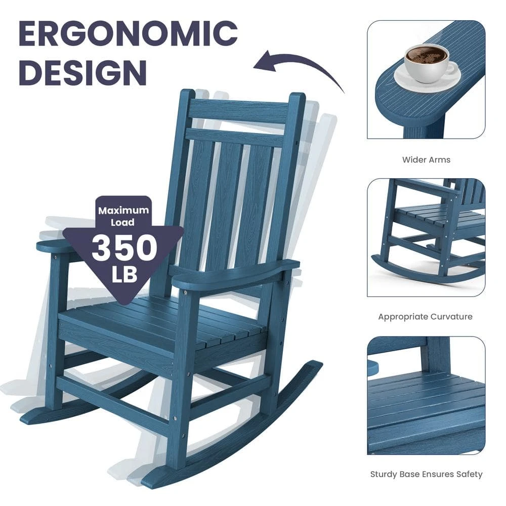 Oversized HDPE Resin Outdoor Patio Rocking Plastic Adirondack Chair In Navy 2 Oversized HDPE Resin Outdoor Patio Rocking Plastic Adirondack Chair In Navy - Image 2