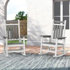 Oversized HDPE Resin Outdoor Patio Rocking Plastic Adirondack Chair In Gray And White (1-Pack) -Jearey plastic adirondack chairs pekd gwhite 76 1000