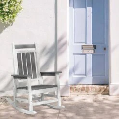 Oversized HDPE Resin Outdoor Patio Rocking Plastic Adirondack Chair In Gray And White (1-Pack) -Jearey plastic adirondack chairs pekd gwhite fa 1000
