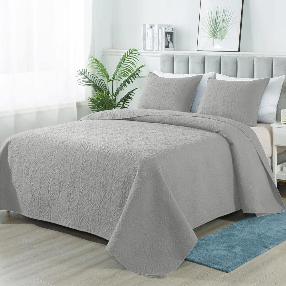 3-Piece Light Gray Modern Microfiber King-Quilt-Set Quilt Set 1 3-Piece Light Gray Modern Microfiber King-Quilt-Set Quilt Set