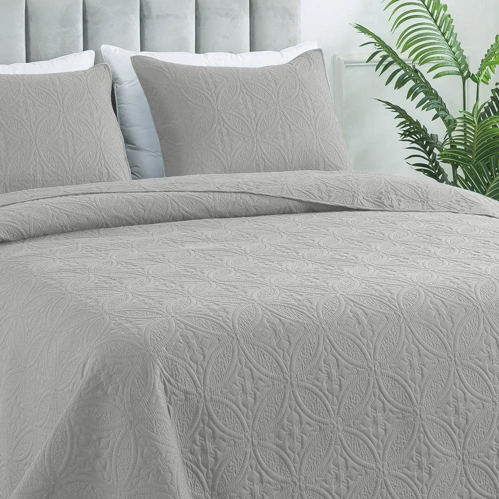 3-Piece Light Gray Modern Microfiber King-Quilt-Set Quilt Set 2 3-Piece Light Gray Modern Microfiber King-Quilt-Set Quilt Set - Image 2