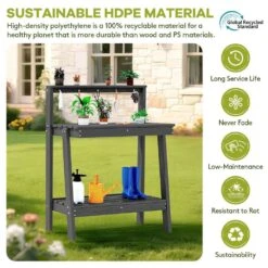 45.5 In. H X 34.8 In. W X 17.7 In. D Space Gray HDPE Potting Bench Table, Multi-Purpose Plant And Storage Shelf -Jearey space gray jearey potting benches and tables jyyygzt tkh 44 1000
