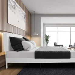 Alex White Full Upholstered Platform Bed Frame With Headboard -Jearey white jearey platform beds e111cj full white e1 1000