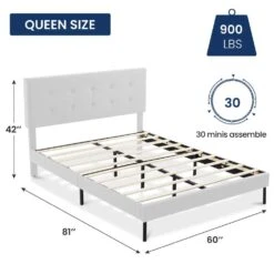 Alex White Queen Upholstered Platform Bed Frame With Headboard -Jearey white jearey platform beds e111cj queen white 66 1000