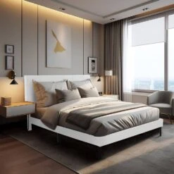 Alex White Twin Upholstered Platform Bed Frame With Headboard -Jearey white jearey platform beds e111cj twin white 31 1000