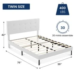 Alex White Twin Upholstered Platform Bed Frame With Headboard -Jearey white jearey platform beds e111cj twin white 66 1000