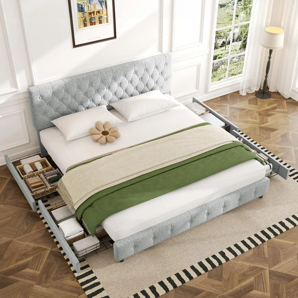 White King Linen Upholstered Storage Platform Bed Frame With Headboard 6 White King Linen Upholstered Storage Platform Bed Frame With Headboard - Image 6