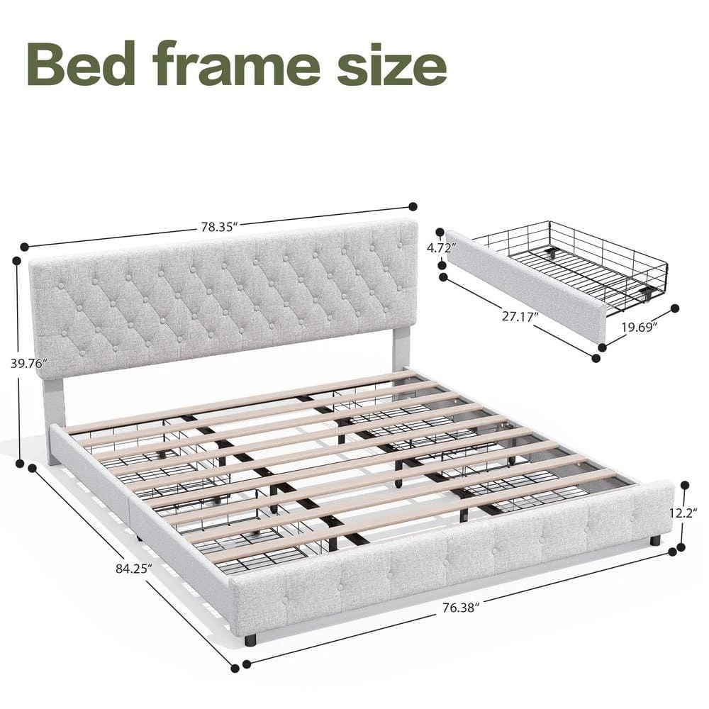 White King Linen Upholstered Storage Platform Bed Frame With Headboard 2 White King Linen Upholstered Storage Platform Bed Frame With Headboard - Image 2