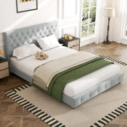 White Full Linen Upholstered Storage Platform Bed Frame With Headboard