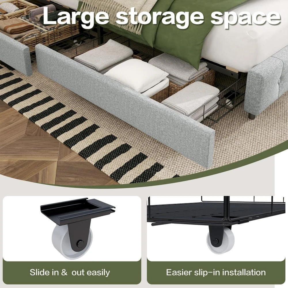 White Full Linen Upholstered Storage Platform Bed Frame With Headboard 3 White Full Linen Upholstered Storage Platform Bed Frame With Headboard - Image 3