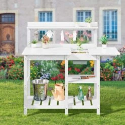 40.94 In. W X 47.24 In. H White HDPE Weather-Resistant Garden Potting Bench Table With Storage Shelf