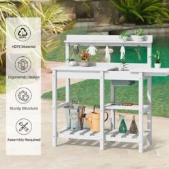 40.94 In. W X 47.24 In. H White HDPE Weather-Resistant Garden Potting Bench Table With Storage Shelf -Jearey white jearey potting benches and tables yygzt wh fa 1000