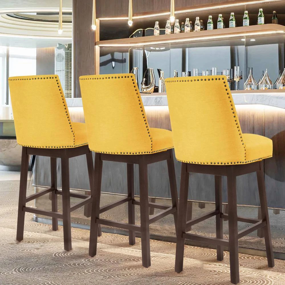 29.53 In Back Swivel Velvet Yellow Bar Stool With Rubber Wood Frame (Set Of 2) 5 29.53 In Back Swivel Velvet Yellow Bar Stool With Rubber Wood Frame (Set Of 2) - Image 5