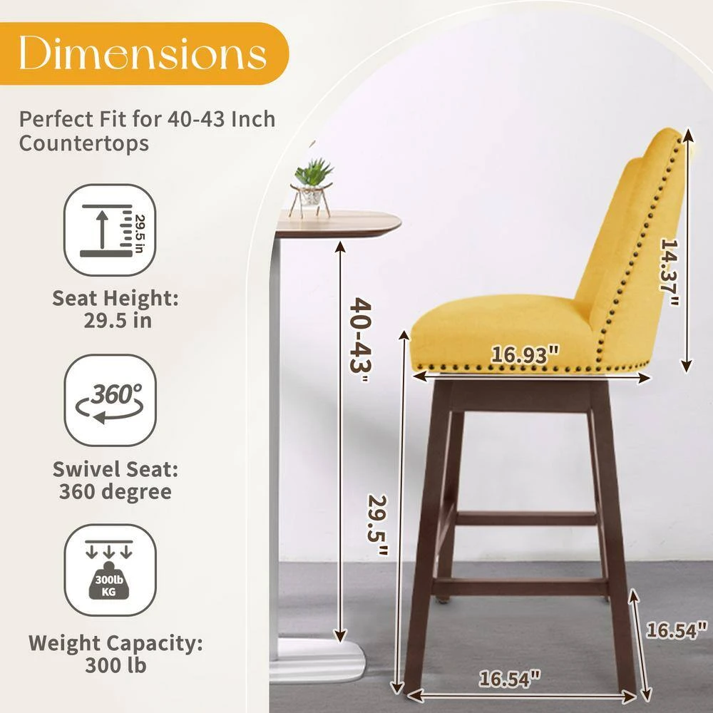 29.53 In Back Swivel Velvet Yellow Bar Stool With Rubber Wood Frame (Set Of 2) 2 29.53 In Back Swivel Velvet Yellow Bar Stool With Rubber Wood Frame (Set Of 2) - Image 2