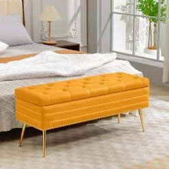 Velvet Yellow Storage Ottoman Entryway Bench With Gold Base And Diamond Tufted Design For Living Room