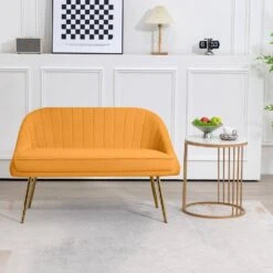 Modern 48 In. Golden Base Velvet Tufted 2-Seats Yellow Loveseat Sofa For Living Room Furniture Sets -Jearey yellow jearey loveseats e15sry hd ye 31 1000