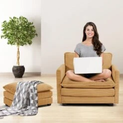 Modern Yellow Corduroy Loveseat With Two Pillows For Living -Jearey yellow jearey loveseats e46sf 2 ye 31 1000