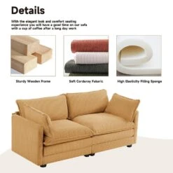 Modern Yellow Corduroy Loveseat With Two Pillows For Living -Jearey yellow jearey loveseats e46sf 2 ye 4f 1000