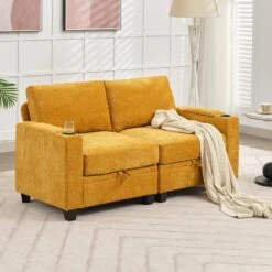 Modern 64.6 In Yellow Chenille Storage Loveseat With Cup Holder And Ottoman For Living -Jearey yellow jearey loveseats xnecw 2 gold 31 1000