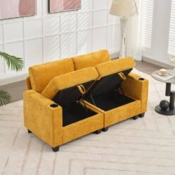 Modern 64.6 In Yellow Chenille Storage Loveseat With Cup Holder And Ottoman For Living -Jearey yellow jearey loveseats xnecw 2 gold 4f 1000