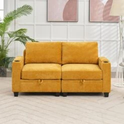 Modern 64.6 In Yellow Chenille Storage Loveseat With Cup Holder And Ottoman For Living