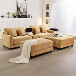 Laibai 111.81 In. Square Arm 4-Piece Velvet Modular Sectional Sofa In Yellow With Cup Holder And Ottoman -Jearey yellow jearey sectional sofas dxrabcd yellow 31 1000