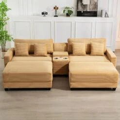 Laibai 111.81 In. Square Arm 4-Piece Velvet Modular Sectional Sofa In Yellow With Cup Holder And Ottoman