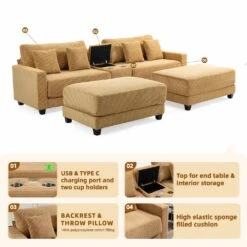 Laibai 111.81 In. Square Arm 4-Piece Velvet Modular Sectional Sofa In Yellow With Cup Holder And Ottoman -Jearey yellow jearey sectional sofas dxrabcd yellow 66 1000
