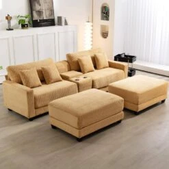 Laibai 111.81 In. Square Arm 4-Piece Velvet Modular Sectional Sofa In Yellow With Cup Holder And Ottoman -Jearey yellow jearey sectional sofas dxrabcd yellow c3 1000