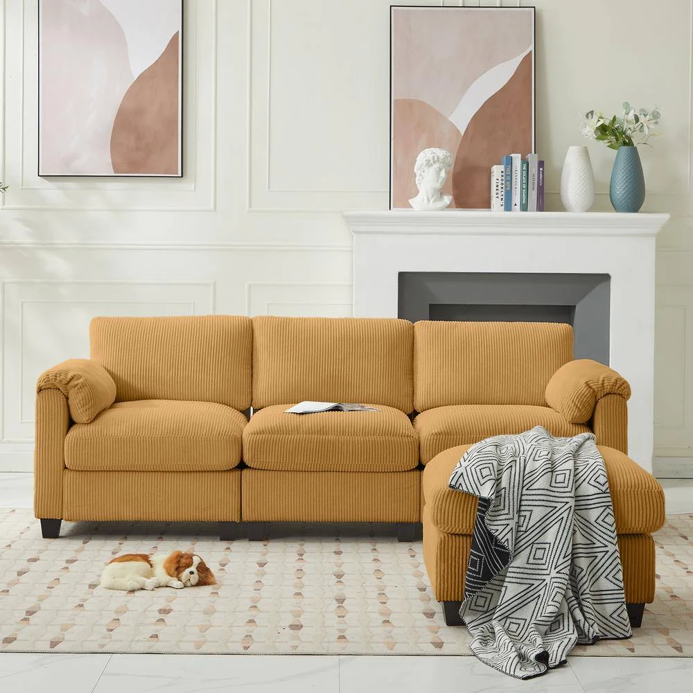 85.37 In. Corduroy Modular Rectangular Yellow Sectional Sofa With Ottoman For Living Room And Spacious Space 6 85.37 In. Corduroy Modular Rectangular Yellow Sectional Sofa With Ottoman For Living Room And Spacious Space - Image 6