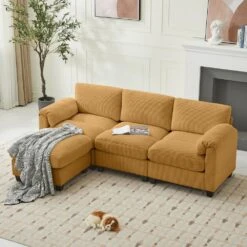 85.37 In. Corduroy Modular Rectangular Yellow Sectional Sofa With Ottoman For Living Room And Spacious Space 12 85.37 In. Corduroy Modular Rectangular Yellow Sectional Sofa With Ottoman For Living Room And Spacious Space -Jearey yellow jearey sectional sofas dxrzjsf4 yellow 4f 1000