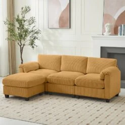 85.37 In. Corduroy Modular Rectangular Yellow Sectional Sofa With Ottoman For Living Room And Spacious Space