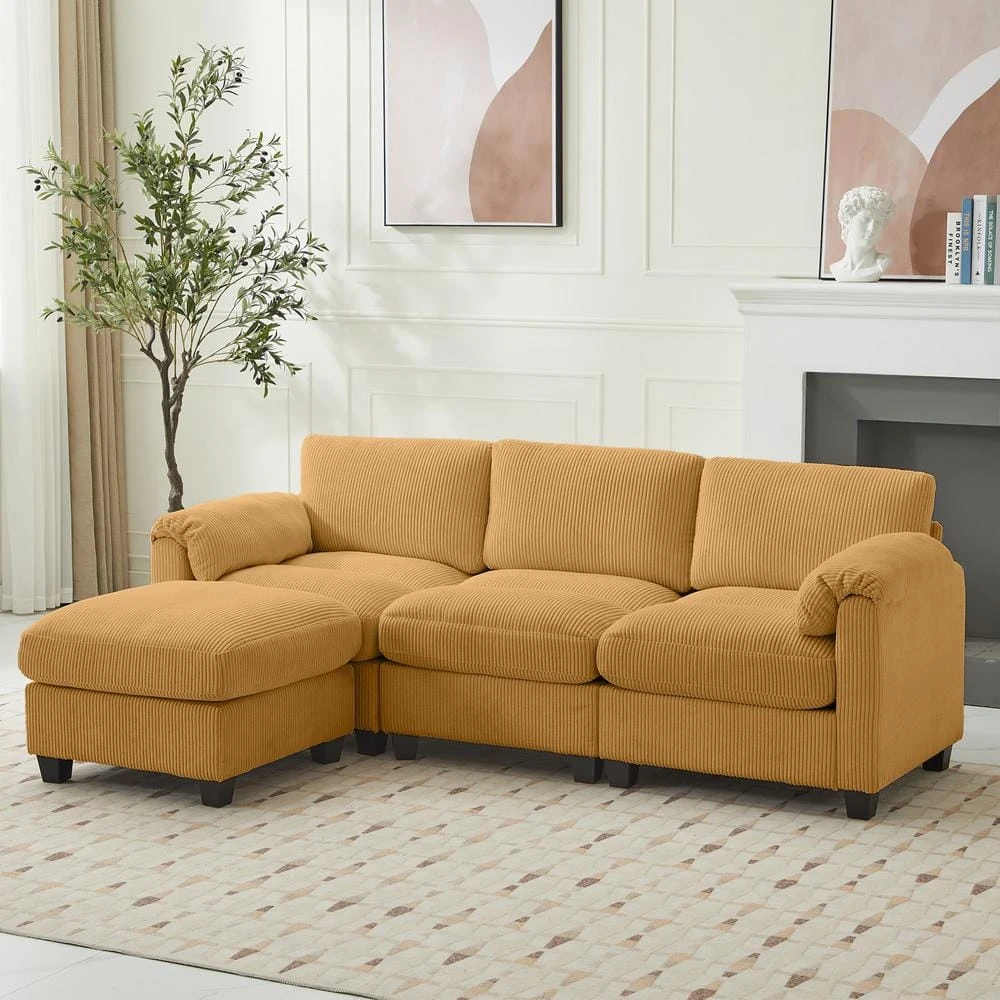 85.37 In. Corduroy Modular Rectangular Yellow Sectional Sofa With Ottoman For Living Room And Spacious Space 1 85.37 In. Corduroy Modular Rectangular Yellow Sectional Sofa With Ottoman For Living Room And Spacious Space