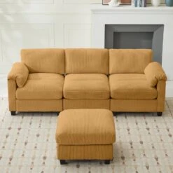 85.37 In. Corduroy Modular Rectangular Yellow Sectional Sofa With Ottoman For Living Room And Spacious Space 11 85.37 In. Corduroy Modular Rectangular Yellow Sectional Sofa With Ottoman For Living Room And Spacious Space -Jearey yellow jearey sectional sofas dxrzjsf4 yellow c3 1000