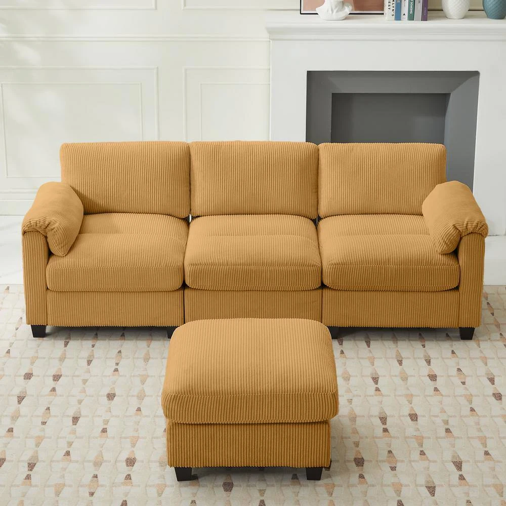 85.37 In. Corduroy Modular Rectangular Yellow Sectional Sofa With Ottoman For Living Room And Spacious Space 3 85.37 In. Corduroy Modular Rectangular Yellow Sectional Sofa With Ottoman For Living Room And Spacious Space - Image 3