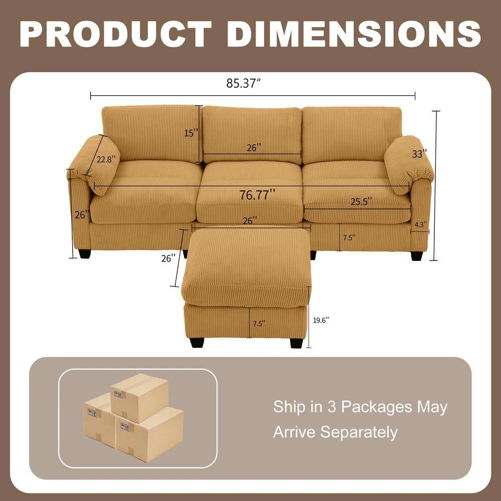 85.37 In. Corduroy Modular Rectangular Yellow Sectional Sofa With Ottoman For Living Room And Spacious Space 2 85.37 In. Corduroy Modular Rectangular Yellow Sectional Sofa With Ottoman For Living Room And Spacious Space - Image 2