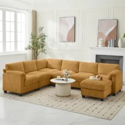 115 In. Corduroy Modular L-Shaped Yellow 7-Seat Sectional Sofa For Living Room And Spacious Space -Jearey yellow jearey sectional sofas dxrzjsf7 yellow c3 1000