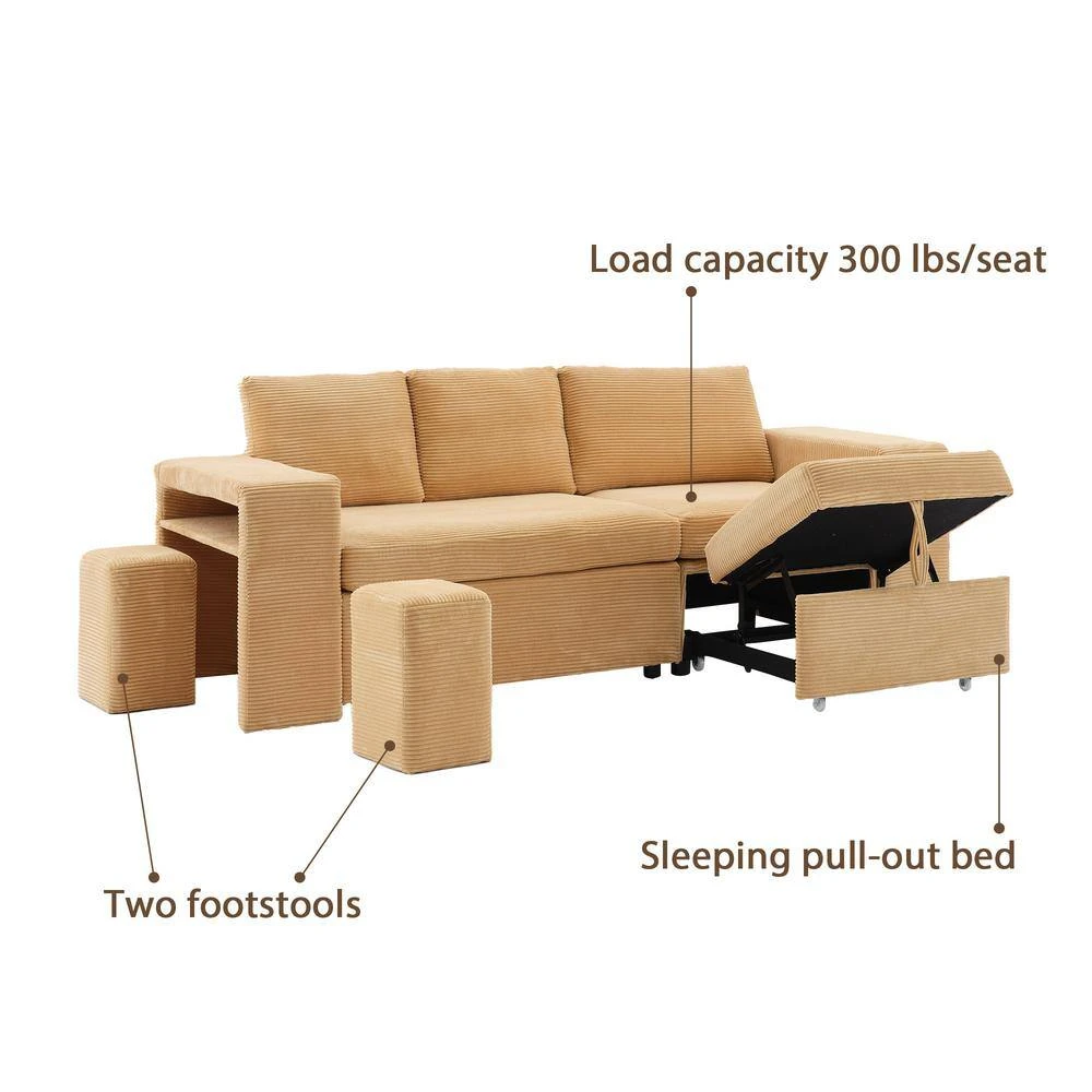 90.94in. Yellow Corduroy Upholstered L-Shaped Sleeper Sectional Sofa With Storage And Removable Ottomans For Living Room 6 90.94in. Yellow Corduroy Upholstered L-Shaped Sleeper Sectional Sofa With Storage And Removable Ottomans For Living Room - Image 6