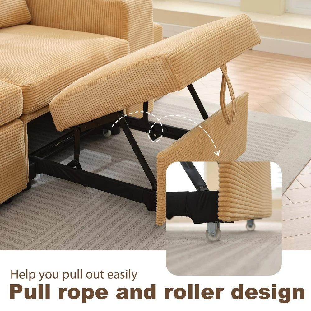 90.94in. Yellow Corduroy Upholstered L-Shaped Sleeper Sectional Sofa With Storage And Removable Ottomans For Living Room 7 90.94in. Yellow Corduroy Upholstered L-Shaped Sleeper Sectional Sofa With Storage And Removable Ottomans For Living Room - Image 7