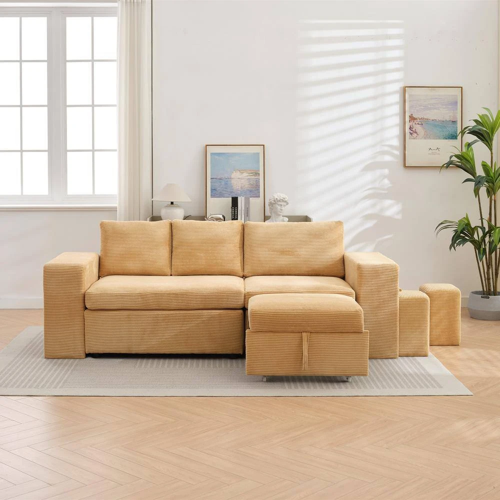 90.94in. Yellow Corduroy Upholstered L-Shaped Sleeper Sectional Sofa With Storage And Removable Ottomans For Living Room 5 90.94in. Yellow Corduroy Upholstered L-Shaped Sleeper Sectional Sofa With Storage And Removable Ottomans For Living Room - Image 5