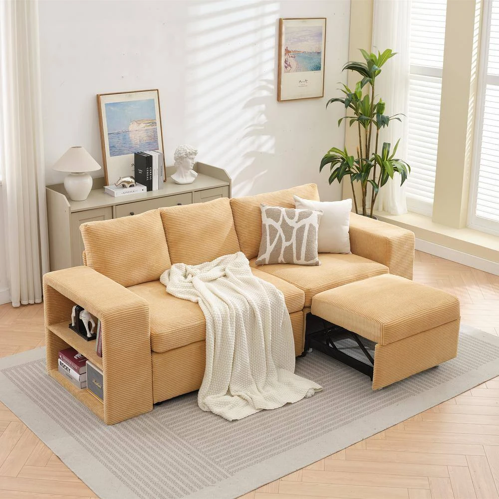 90.94in. Yellow Corduroy Upholstered L-Shaped Sleeper Sectional Sofa With Storage And Removable Ottomans For Living Room 4 90.94in. Yellow Corduroy Upholstered L-Shaped Sleeper Sectional Sofa With Storage And Removable Ottomans For Living Room - Image 4