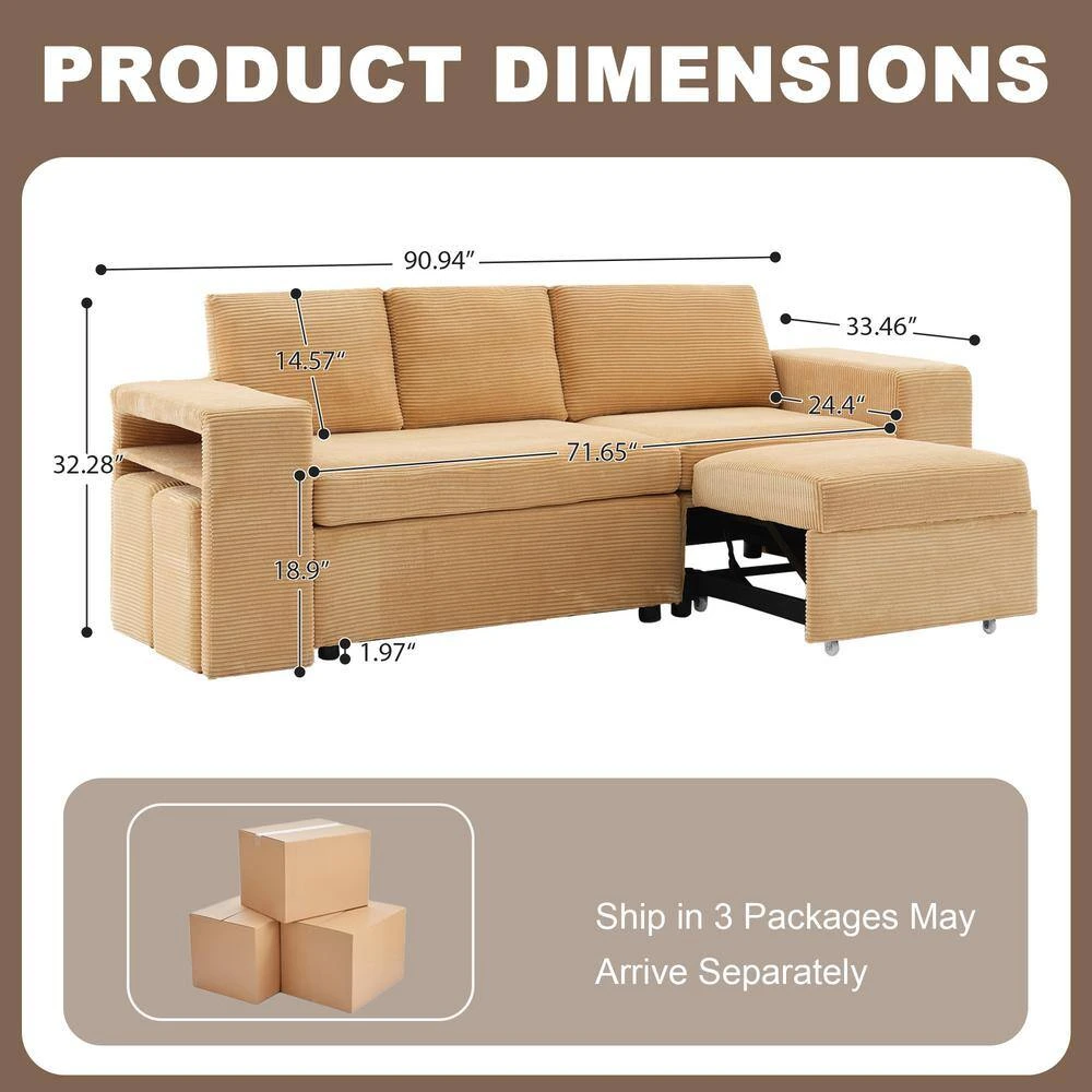 90.94in. Yellow Corduroy Upholstered L-Shaped Sleeper Sectional Sofa With Storage And Removable Ottomans For Living Room 2 90.94in. Yellow Corduroy Upholstered L-Shaped Sleeper Sectional Sofa With Storage And Removable Ottomans For Living Room - Image 2
