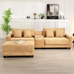 Laibai 111.81 In. Square Arm Velvet Modular 3-Piece Modern Sofa With Cup Holder And Ottoman In Yellow -Jearey yellow jearey sofas couches dxrabc yellow 31 1000