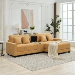 Laibai 111.81 In. Square Arm Velvet Modular 3-Piece Modern Sofa With Cup Holder And Ottoman In Yellow -Jearey yellow jearey sofas couches dxrabc yellow 44 1000