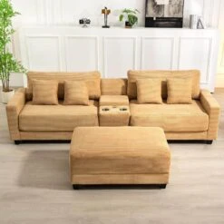 Laibai 111.81 In. Square Arm Velvet Modular 3-Piece Modern Sofa With Cup Holder And Ottoman In Yellow