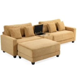 Laibai 111.81 In. Square Arm Velvet Modular 3-Piece Modern Sofa With Cup Holder And Ottoman In Yellow -Jearey yellow jearey sofas couches dxrabc yellow 66 1000