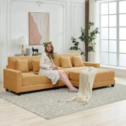 Laibai 111.81 In. Square Arm Velvet Modular 3-Piece Modern Sofa With Cup Holder And Ottoman In Yellow -Jearey yellow jearey sofas couches dxrabc yellow fa 1000