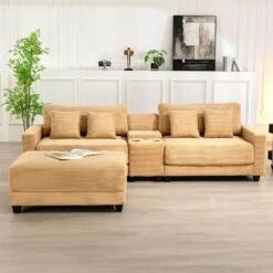 Laibai 111.81 In. Square Arm Velvet Modular 3-Piece Modern Yellow Sofa With Cup Holder And Ottoman -Jearey yellow jearey sofas couches xdxrabc yellow 1f 1000