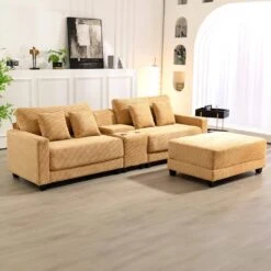 Laibai 111.81 In. Square Arm Velvet Modular 3-Piece Modern Yellow Sofa With Cup Holder And Ottoman -Jearey yellow jearey sofas couches xdxrabc yellow 31 1000