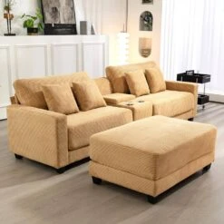 Laibai 111.81 In. Square Arm Velvet Modular 3-Piece Modern Yellow Sofa With Cup Holder And Ottoman -Jearey yellow jearey sofas couches xdxrabc yellow 44 1000